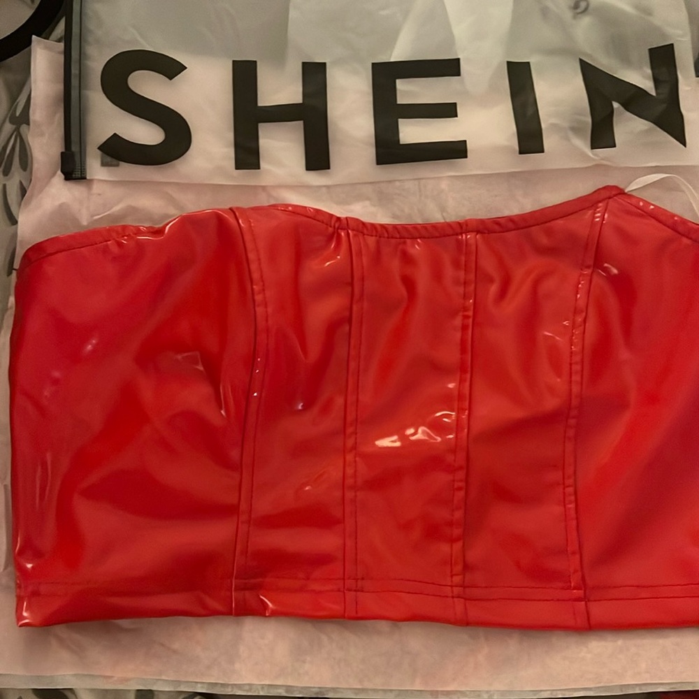 SHEIN faux patent leather like top (crop top) red size large new with bag